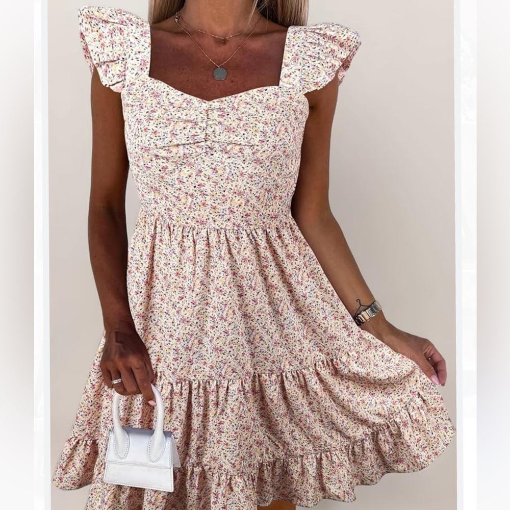 PRETTY GARDEN Pink Casual Summer Dress Floral Boho Ruffle A Line Sleeveless M